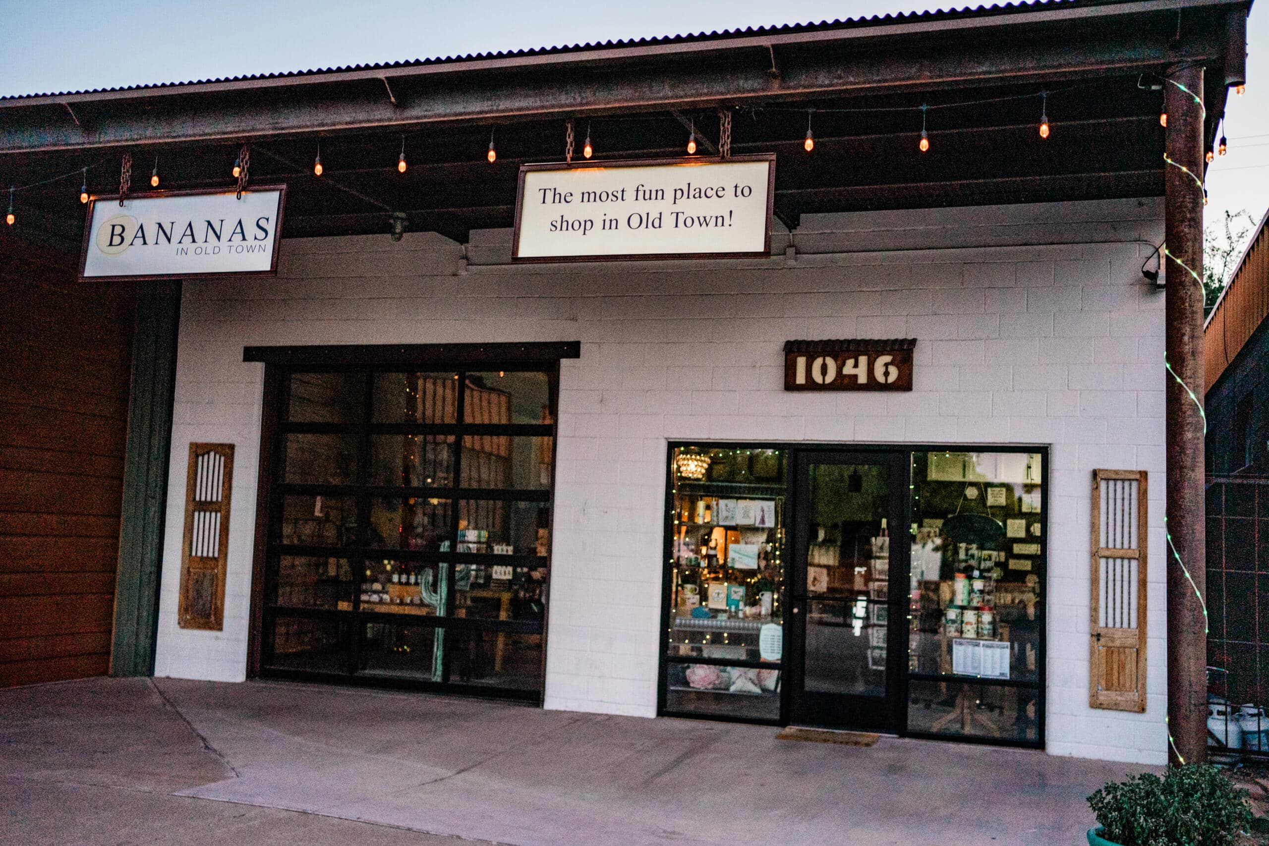 Bananas storefront in Old Town with rustic decor and glass display shelves.