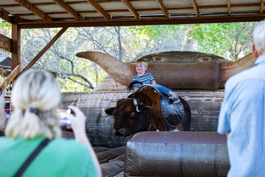 Child happily riding mechanical bull at outdoor amusement ride.