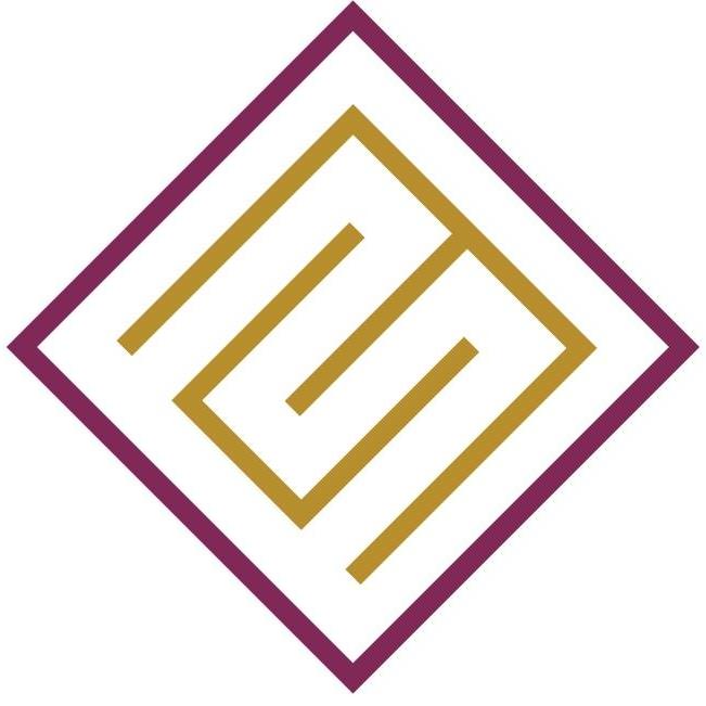 Diamond-shaped logo with gold abstract geometric design