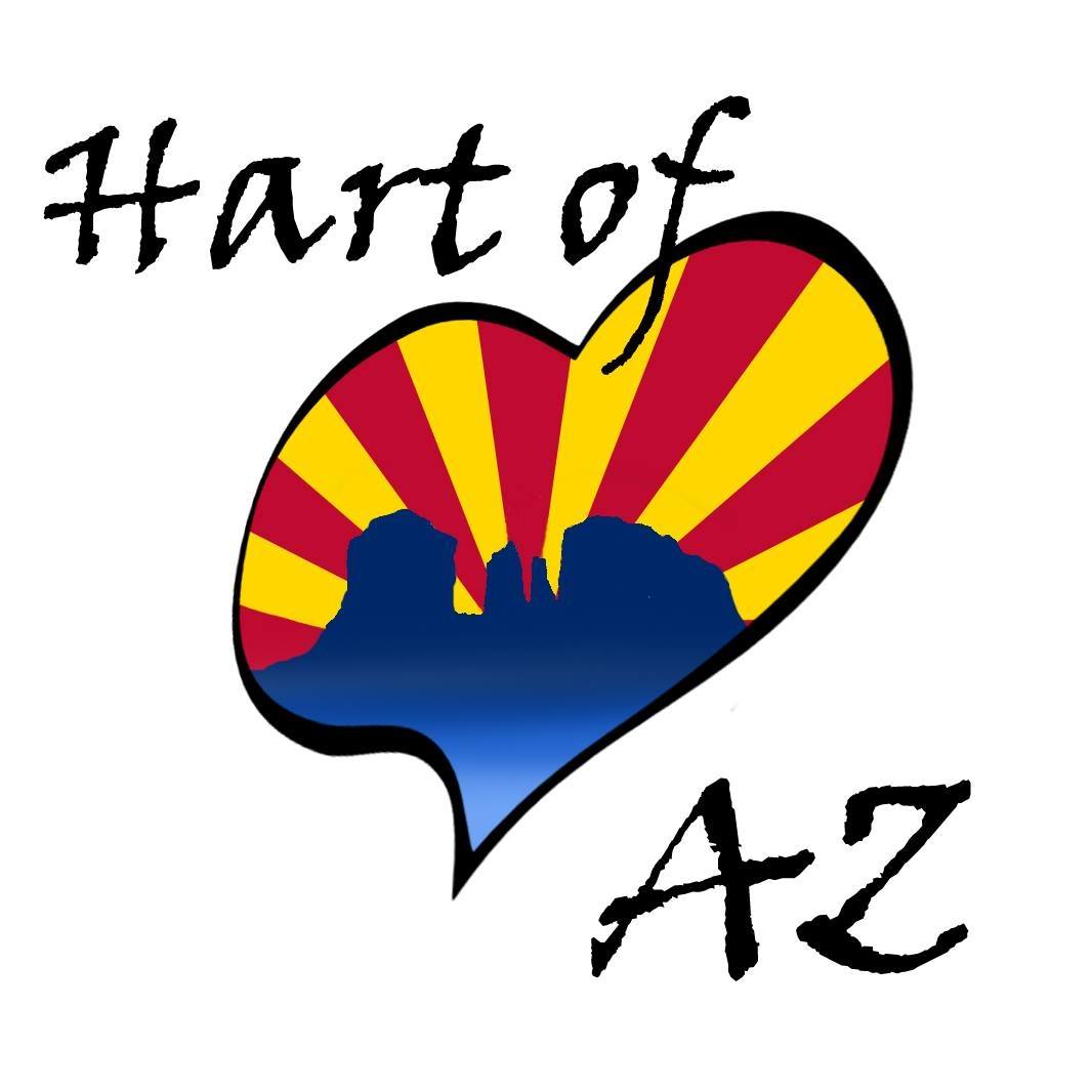 Heart-shaped Arizona flag with silhouette of mountains and sun rays, labeled 'Heart of AZ'