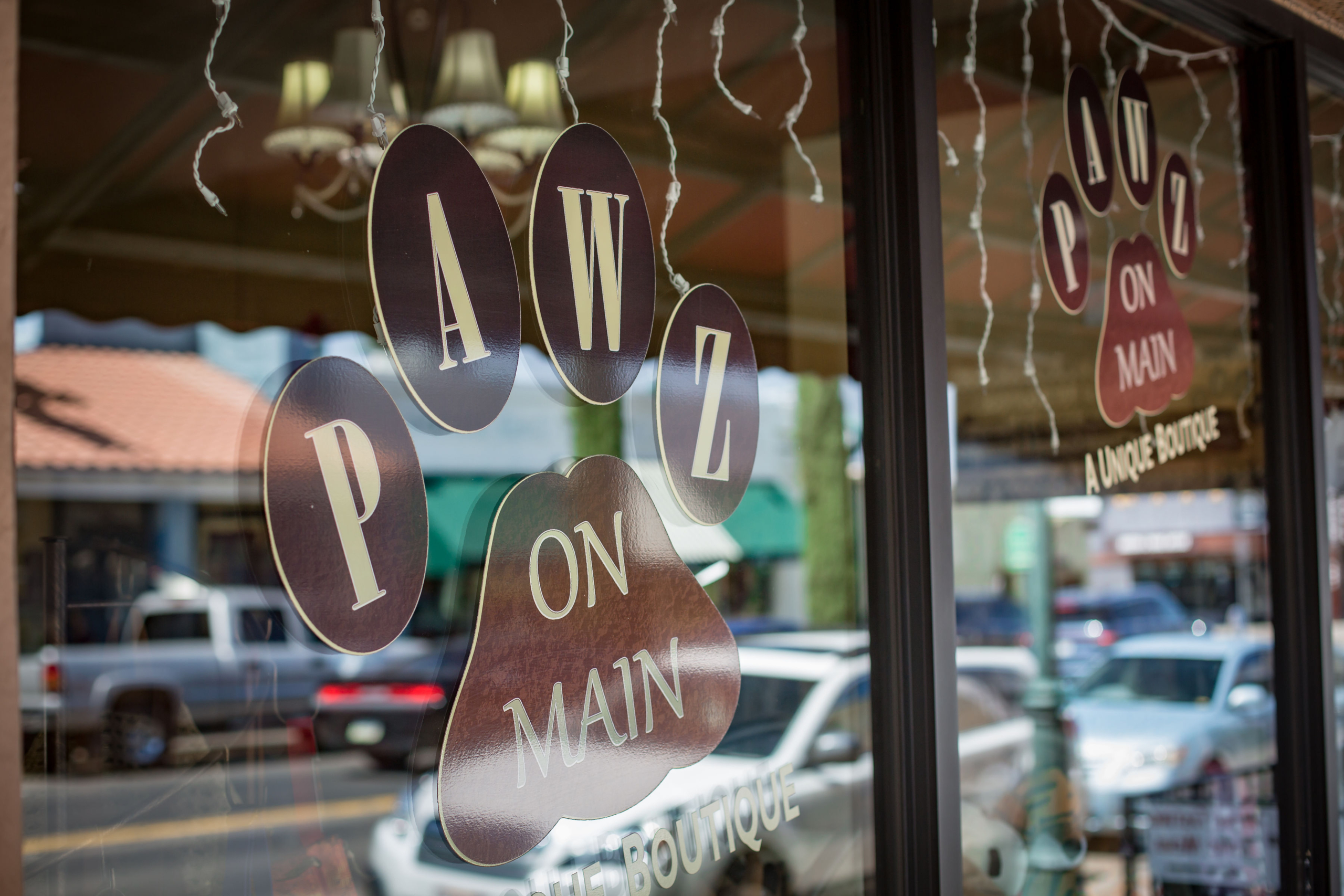 Boutique window display with Pawz on Main sign letters hanging