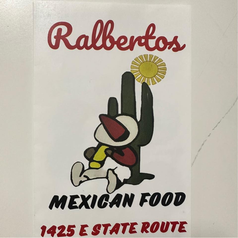 Mexican restaurant sign: Ralbertos Mexican Food, cactus character, 1425 E State Route