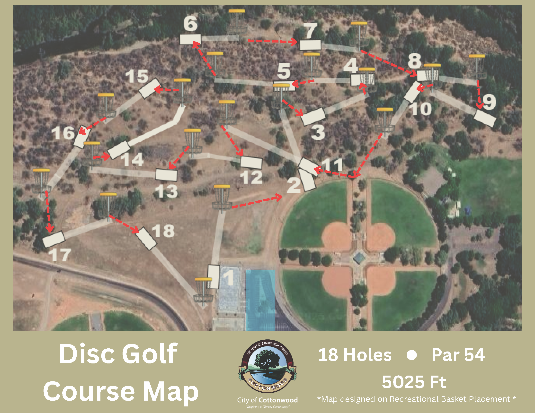 Disc golf course map with 18 holes, par 54, 5025 ft, City of Cottonwood layout