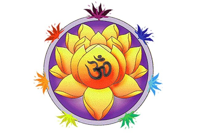 Illustration of Om symbol inside a vibrant lotus flower with decorative petals.