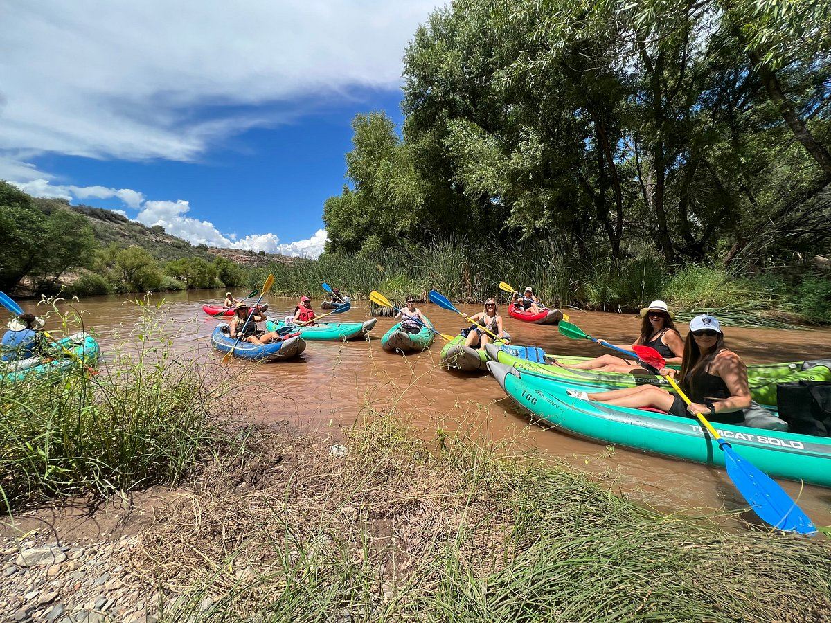 Group kayaking on a calm river surrounded by greenery