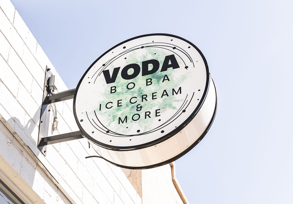 Voda Boba Ice Cream & More shop sign featuring boba and ice cream
