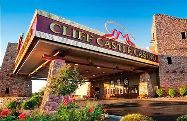 Cliff Castle Casino entrance at dusk