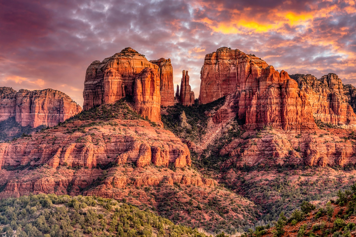 Dramatic red rock formations at sunset in Sedona, Arizona