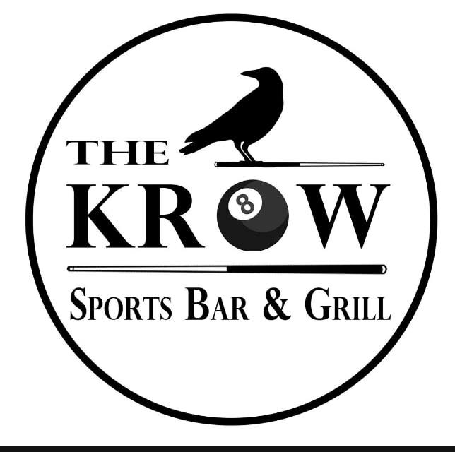 The Krow Sports Bar & Grill black crow perched on pool cue logo