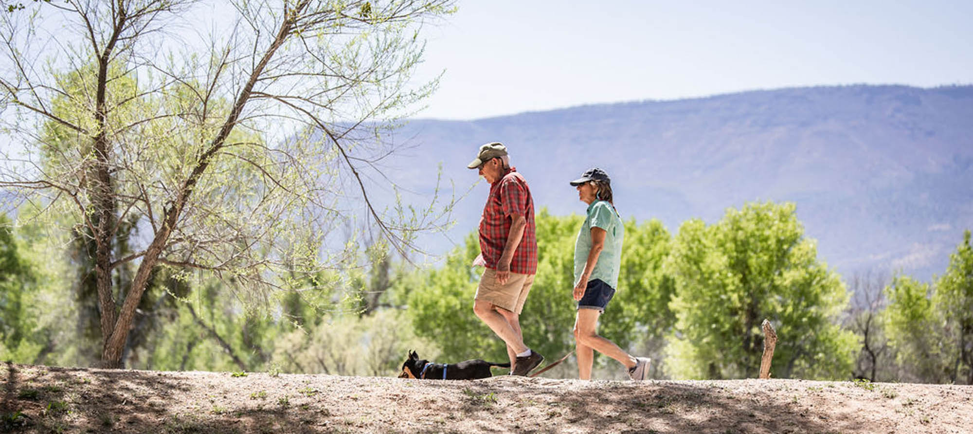 Two hikers walking a dog on a scenic trail with mountains in background