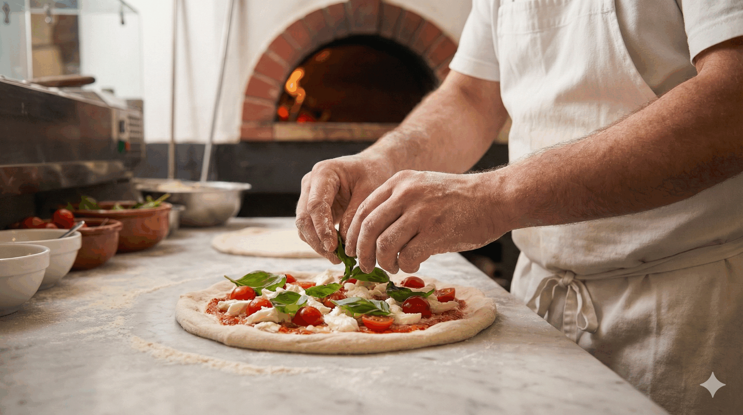 Chef adding fresh basil to homemade Margherita pizza in a pizzeria kitchen.
