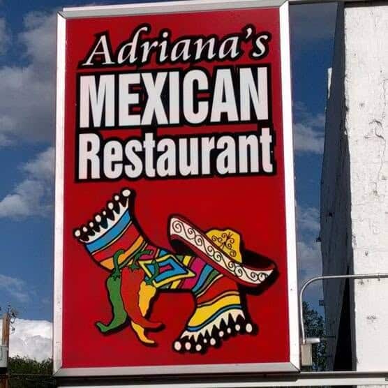 Adrianas Red sign for Adriana's Mexican Restaurant with sombreros