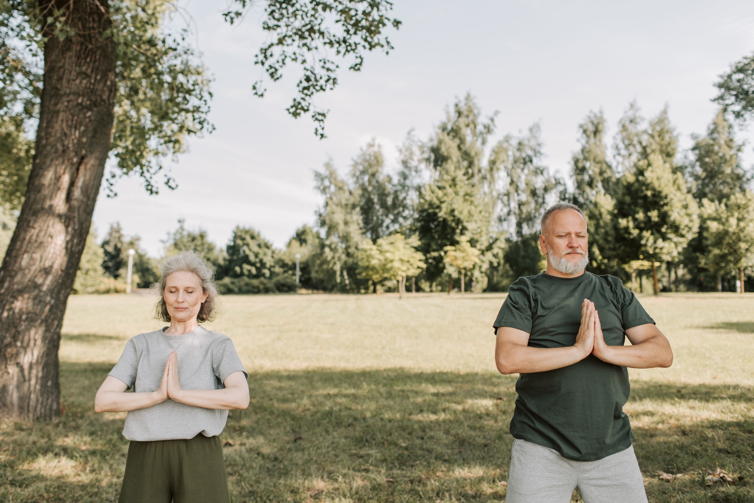 Older couple practicing yoga together in a sunlit park